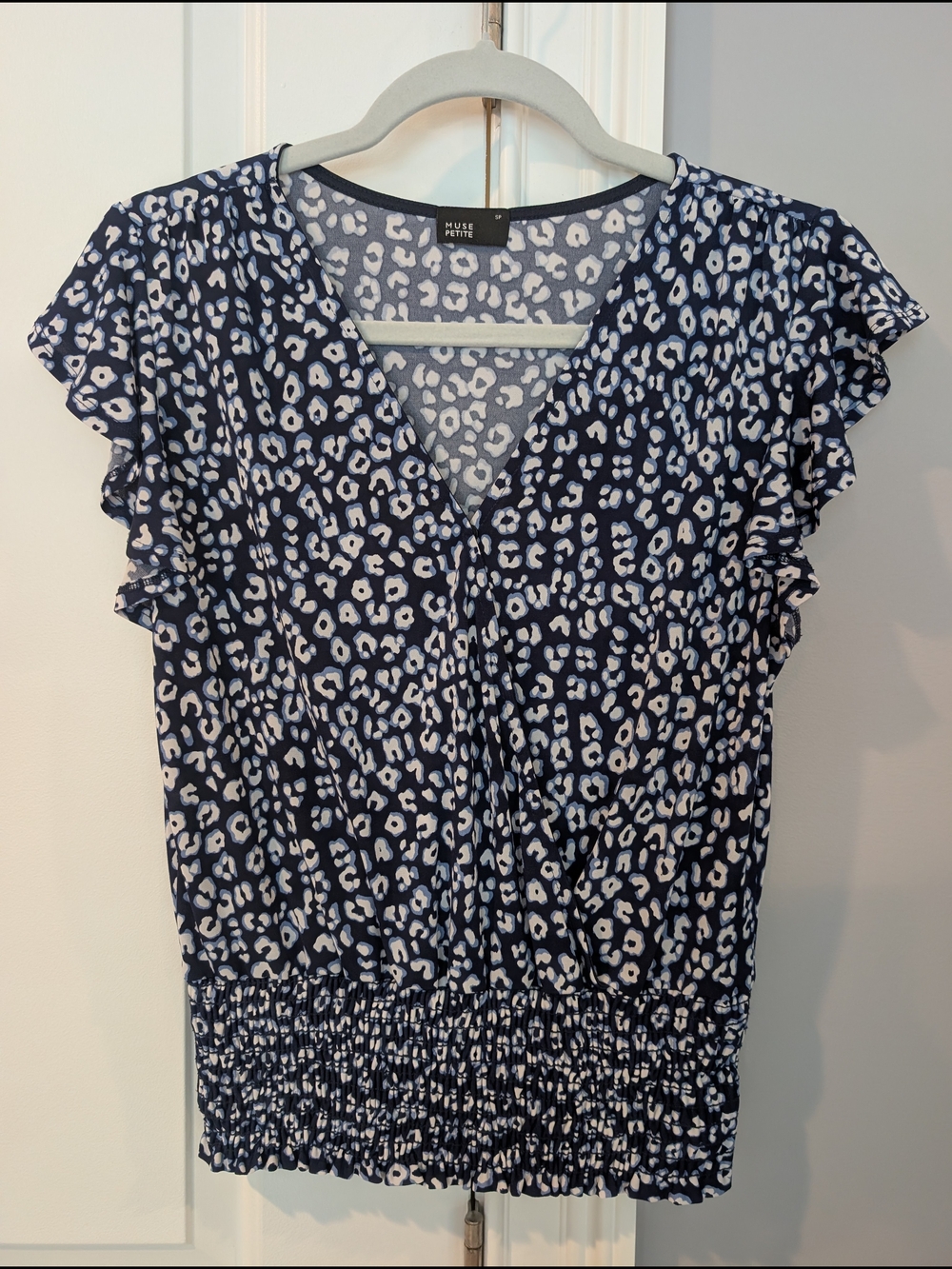Muse Navy and White Leopard Print V-Neck Smocked Waist Blouse